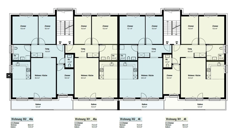 Grundrisse 3.5-Zimmer-Wohnungen und 4.5-Zimmer-Wohnungen HP-3.OG
