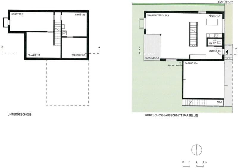 Grundrisse Unter- und Erdgeschoss mit Parzellenplan