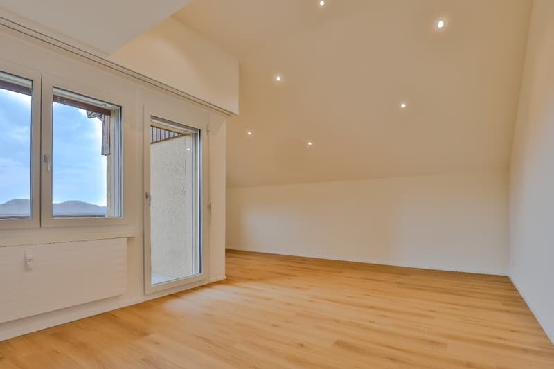 Empty room, hardwood floor, sliding glass doors to balcony, double windows, radiator, ceiling recessed lighting