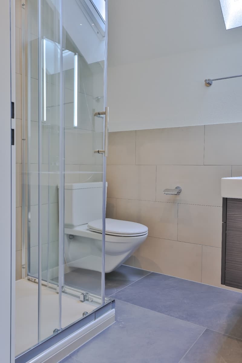 Modern bathroom with a glass shower enclosure, a white ceramic toilet, and tiled floors and walls.
