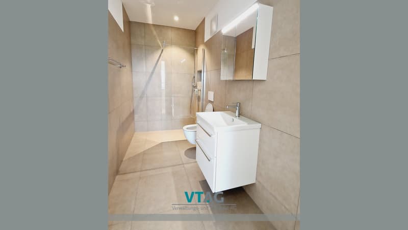 Bathroom with shower, toilet, sink, mirror, and cabinet