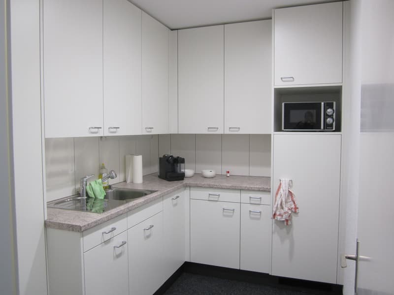 Fully equipped modern kitchen with white cabinets, granite countertops, built-in microwave, and a sink with a faucet. The kitchen also has a dishwasher and a private washing machine.