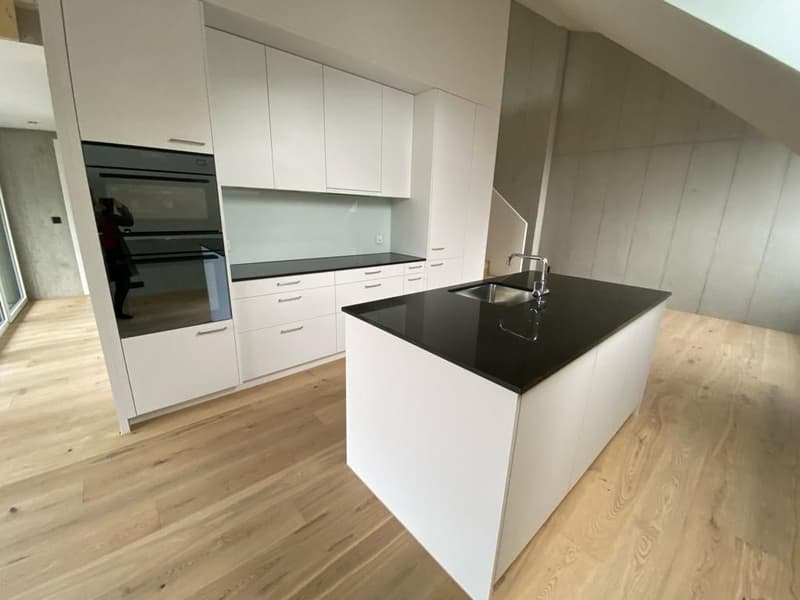 modern kitchen with white cabinets, black countertops, wooden floor, built-in oven, sink with faucet