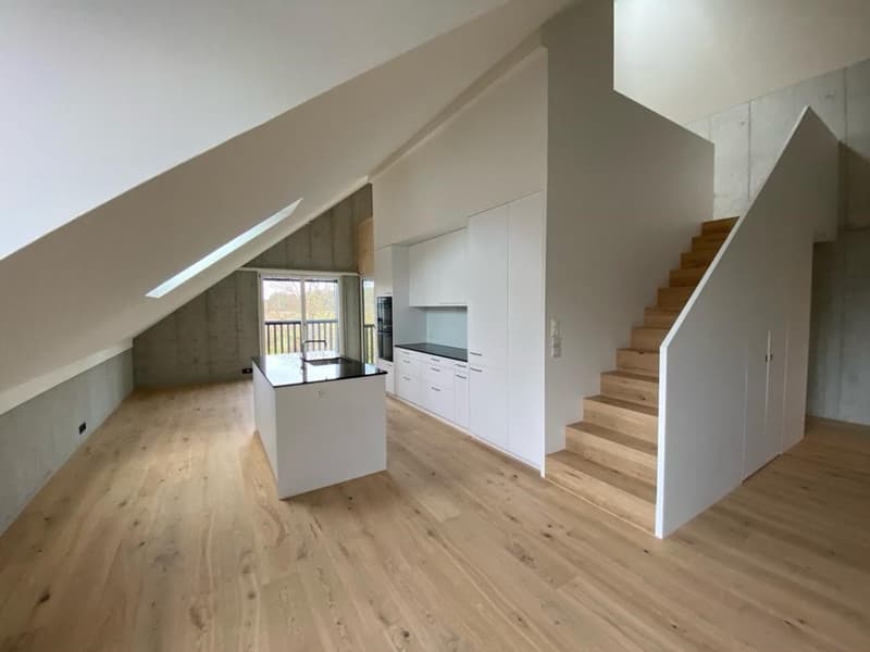 open kitchen, wooden floor, white cabinets, central island, balcony, stairs