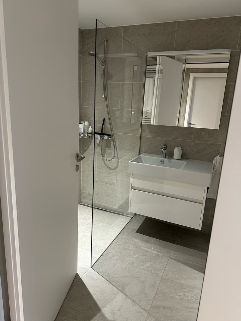 modern bathroom with glass shower enclosure, white vanity, mirror, and tiled floor