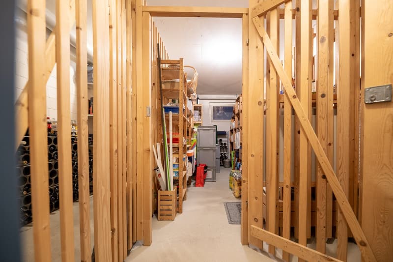 Storage room with wooden walls, shelves, and various items