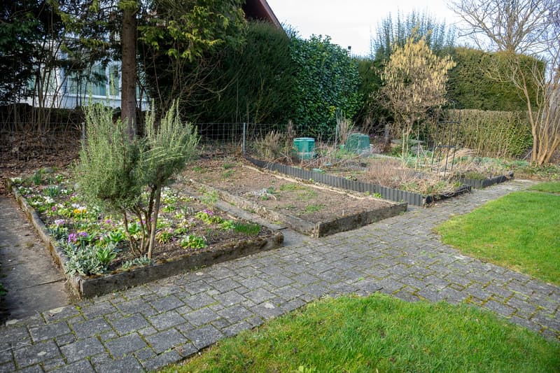 A garden with raised flower beds, brick pathway, and a small green storage box.