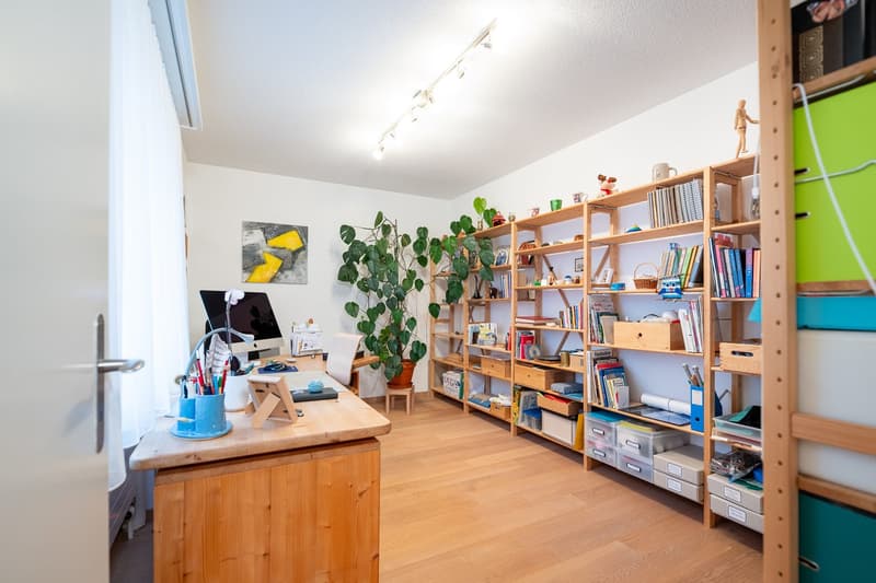 wooden desk, computer, books, shelves, plant, wooden floor