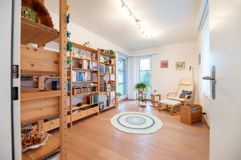 Wooden floor, wooden shelves, books, plants, rug, chair, table, power outlet