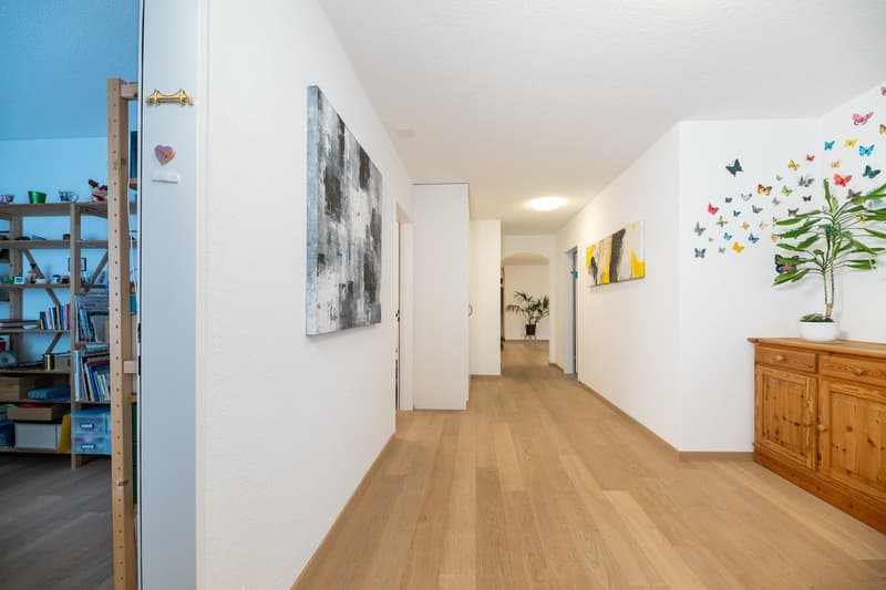 long hallway, wooden floor, white walls, paintings, wooden cabinet, plant