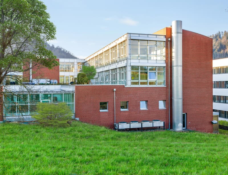 Multi-story red brick building, large windows, modern architecture, surrounded by grass and trees, HVAC units on the side