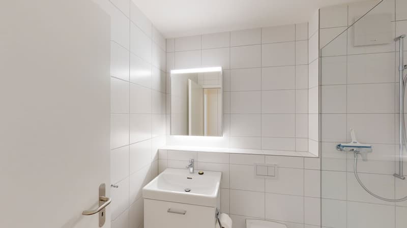 white tiled walls, white vanity, shower, sink, mirror, light fixtures