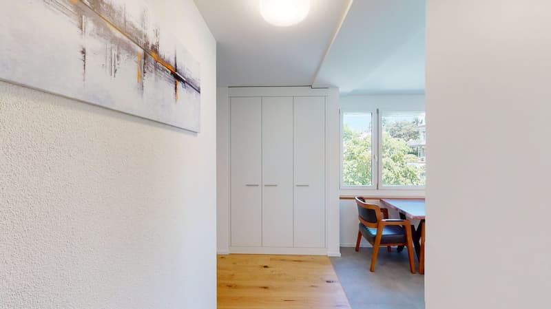 wooden floor, wall cabinet, chair, desk, window