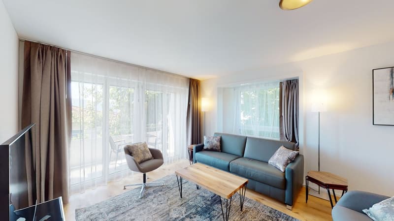 Balcony, large windows, wooden floor, wooden coffee table, blue sofa, two chairs, carpet, TV, floor lamp