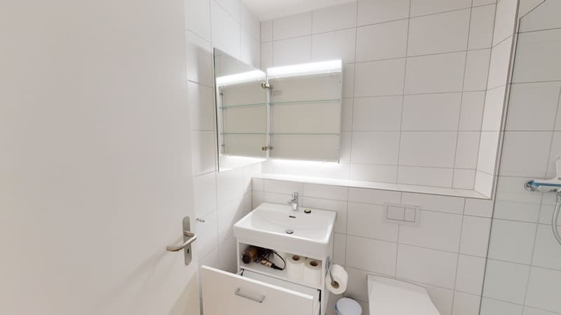 Modern, all-white bathroom with sink, toilet, shower enclosure, cabinet with drawers, mirror and built-in lighting