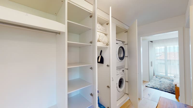 A compact room with an integrated wardrobe, a washing machine, and a closet. The room has a rug and a view to a room with a bed.