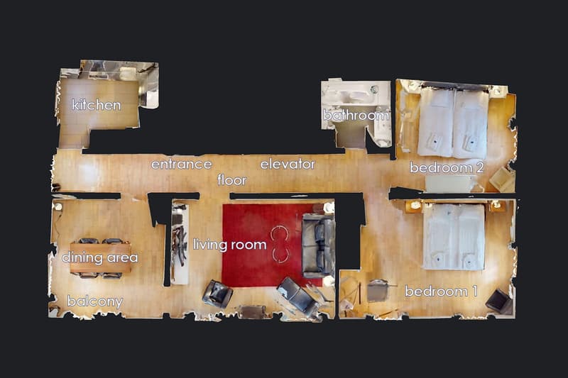 floorplan with living room, kitchen, dining area, 2 bedrooms, 1 bathroom, balcony, elevator, entrance