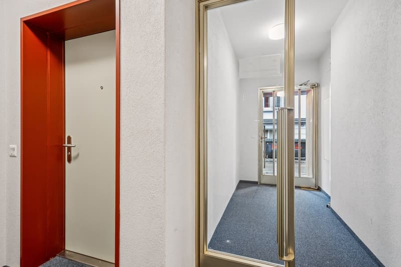 Carpeted floor, white walls, double doors, glass doors
