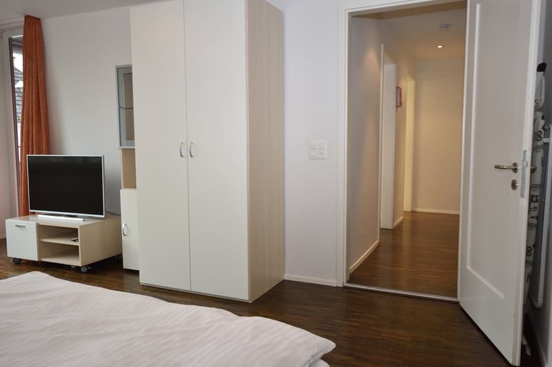 Bedroom with wooden floor, white wardrobe, TV stand, bed, and large windows.