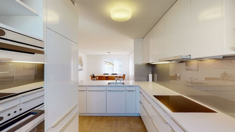 modern kitchen, white cabinets, granite countertops, white appliances, gas stove, dishwasher, large sink, faucet