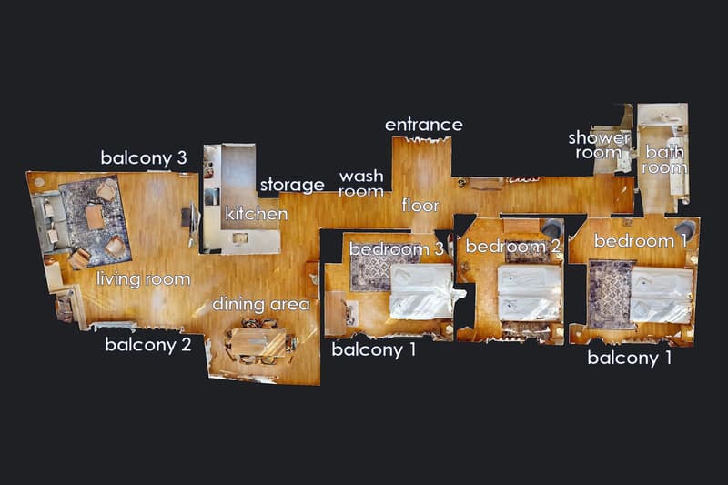 Entrance, living room, dining area, kitchen, 3 bedrooms, 2 bathrooms, 3 balconies, storage, wash room, floor