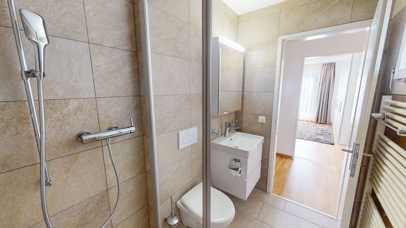 modern tiled bathroom with shower, white sink and toilet
