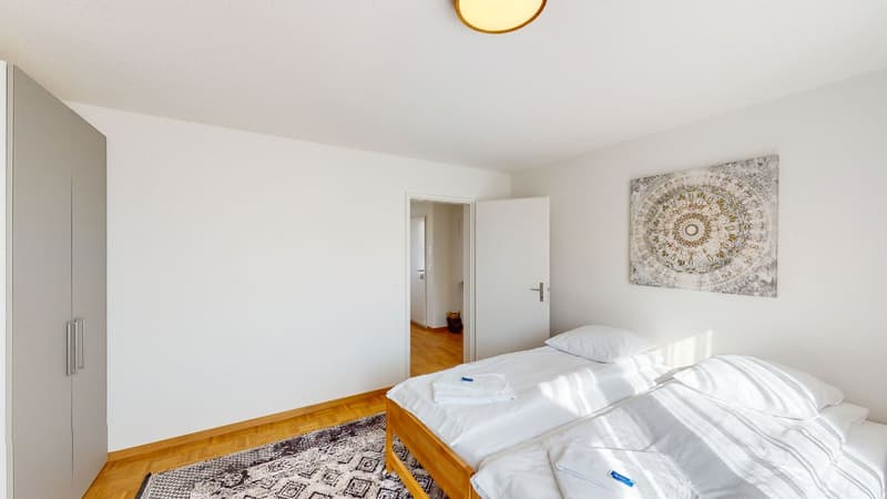 bedroom, bed, pillow, sheets, carpet, closet, wall painting, doors