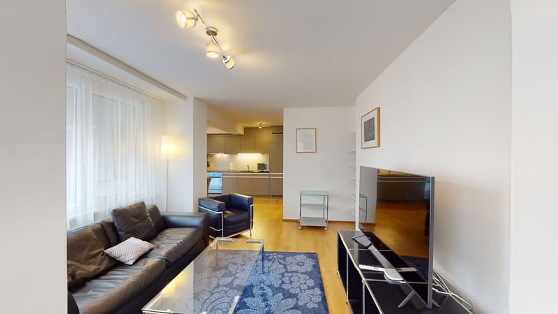black leather couch, glass center table, blue rug, TV, black armchair, white curtains
