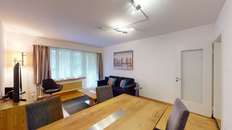 wooden table, 4 chairs, sofa with cushions, picture on the wall, large window with curtain