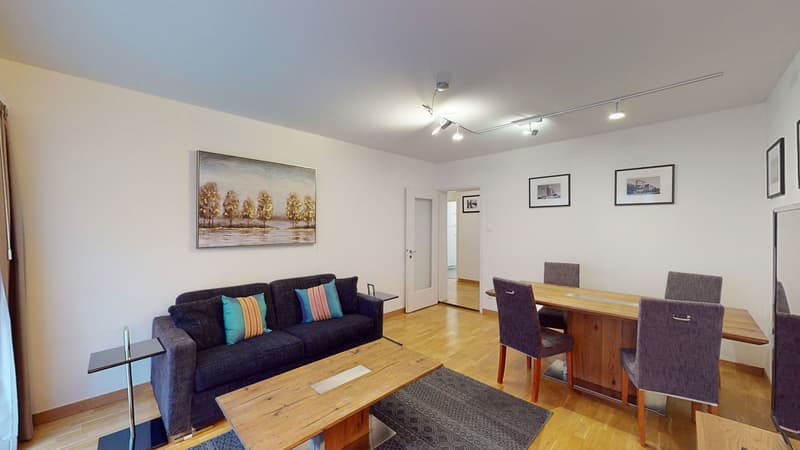 living room, sofa, coffee table, carpet, dining table with chairs, painting