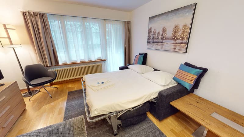 small bedroom with a double bed, foldable sofa, large windows, hardwood floor, wooden furniture, painting, radiator