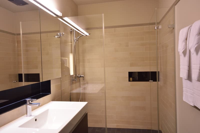 Modern bathroom, shower with glass enclosure, double sinks, dark floors, beige walls, white towels on rack, large mirror