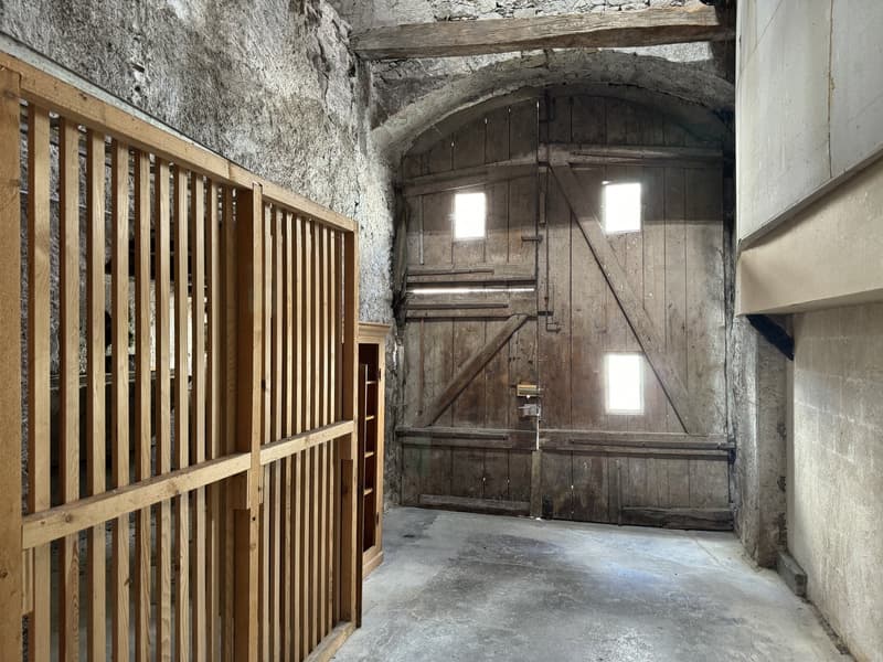 old wooden gate, arched doorway, stone walls, open area