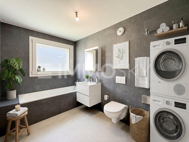 Salle de bain moderne avec baignoire et l'arrivee d eau pour colonne de lavage