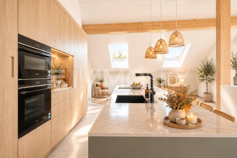 Cuisine scandinave lumineuse sous les combles