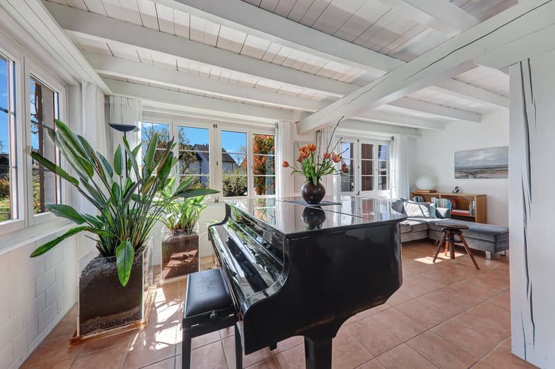 A room with a grand piano, a couch, a wooden stool, a shelf with books, a picture frame, and potted plants.