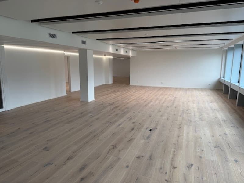 empty room, wooden floor, white walls, ceiling lights, pillars