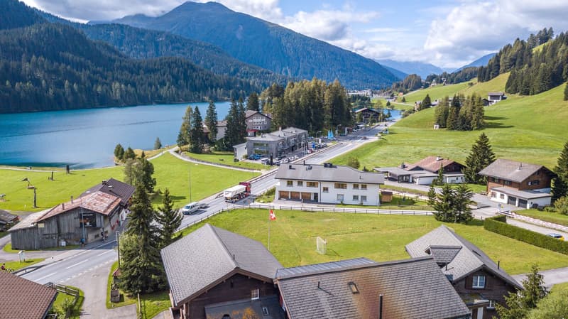 village in the mountains with houses, lake, mountains, road, greenery