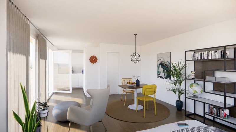 Open concept layout, dining table with chairs, modern armchair, rug, shelf with books and globe, indoor plants, ceiling light, balcony