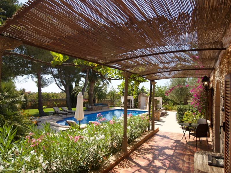 Outdoor area with swimming pool, patio, pergola, plants, trees, and a view of the landscape