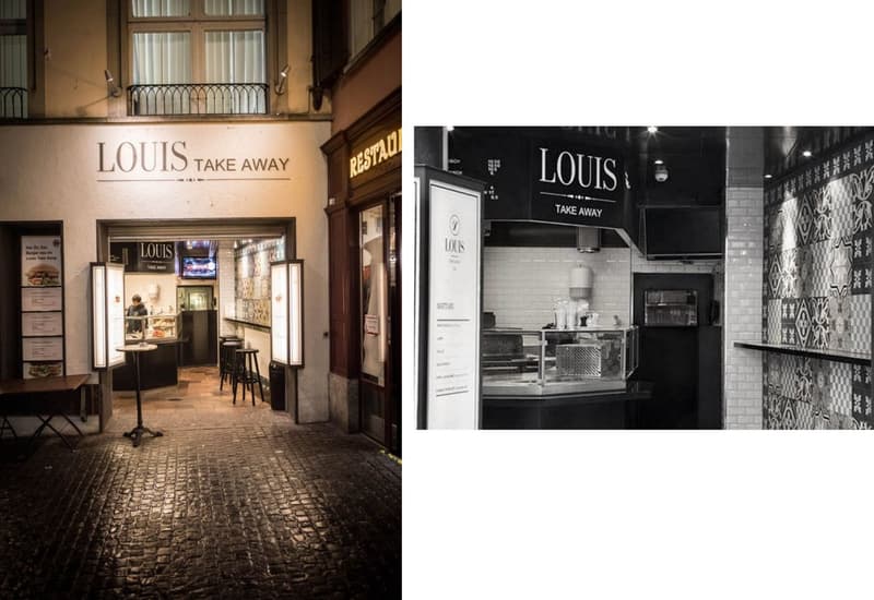 Exterior of Louis Take Away restaurant with brick floor and interior view of counter