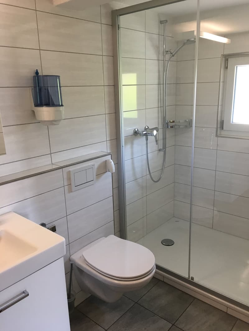 Modern bathroom with white tile walls, glass shower enclosure, white toilet, white sink, chrome fixtures