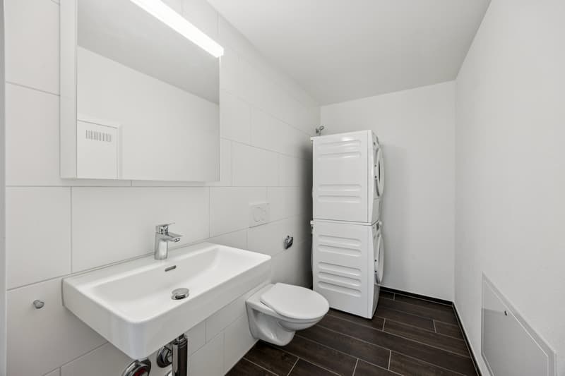 white walls, tile flooring, white sink, toilet, washing machine, mirror