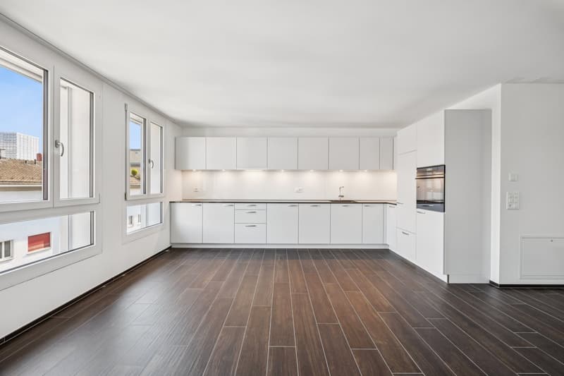 modern kitchen, white cabinets, wooden floor, large windows