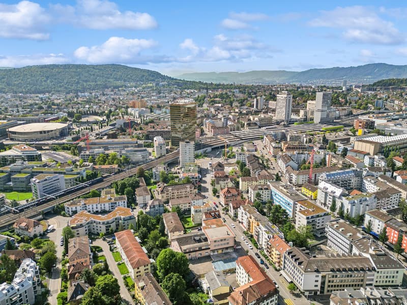 City skyline, many buildings of various heights, greenery, mountains in the distance, cloudy sky
