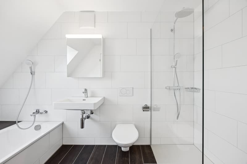 modern bathroom, white tiles, shower, sink, toilet, bathtub, mirror