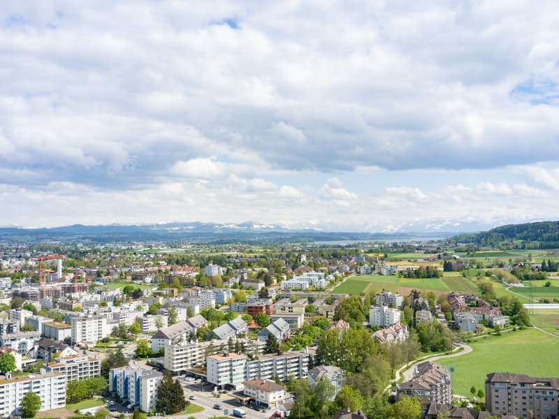 City aerial view with multiple buildings, houses, green spaces, roads, and a distant mountain range