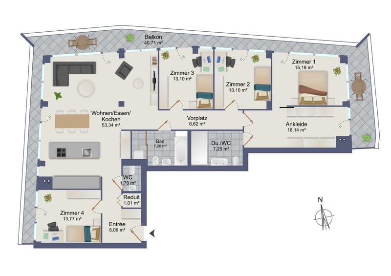 4 bedrooms, living/dining room, kitchen, 2 bathrooms, utility room, balcony