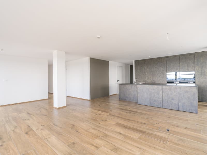 modern open kitchen with large island, wooden flooring, white walls, ceiling lights, kitchen cabinetry