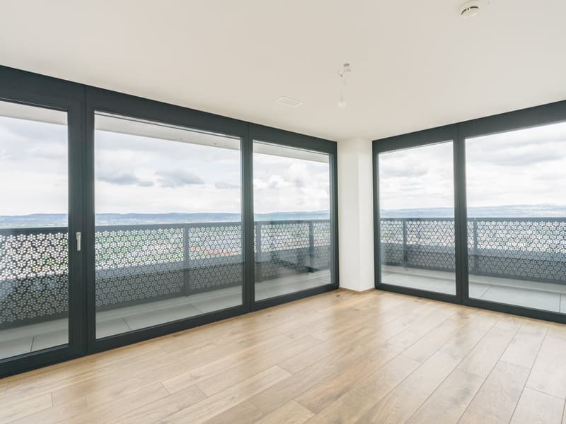 sliding glass doors, hardwood floors, balcony with decorative metal railings, scenic view